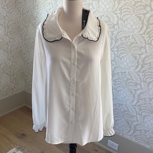 Allegra K Women's Sweet Ruffle Peter Pan Collar Long Sleeves Button Up Shirt